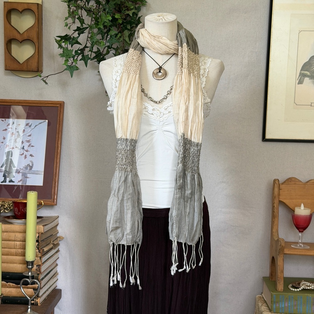 Tan Smocked Fringe Scarf Boho Cottagecore Linen Fringe Colorblock Neutral